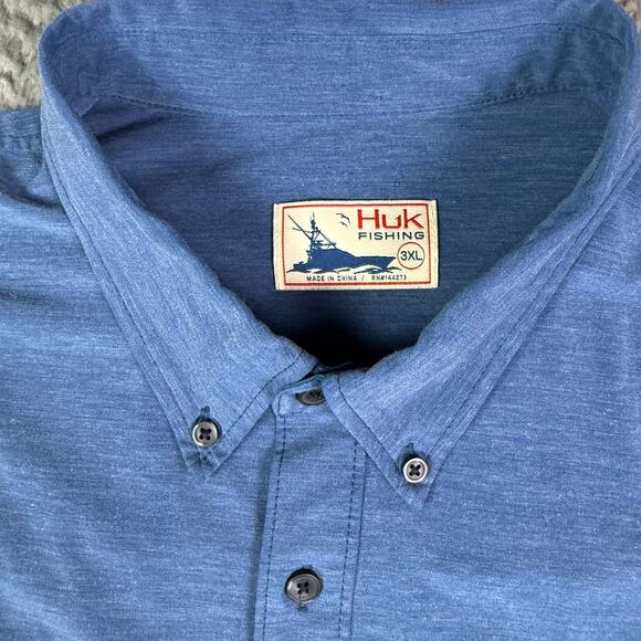Huk Kona Shirt Mens 3XL Blue Fishing Performance Stretch Button Down Solid - Picture 3 of 9
